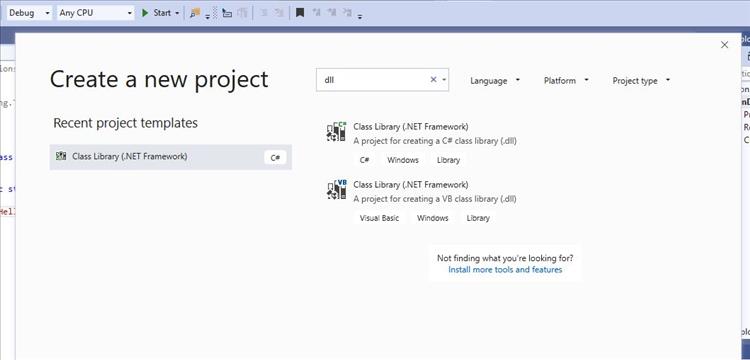 Using the search for DLL in the create new project window of VS2019